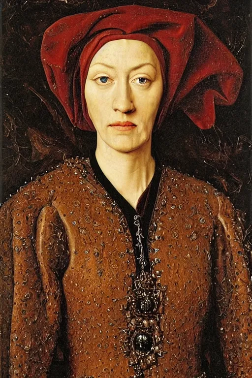 Prompt: portrait of yvonne strahovski oil painting by jan van eyck, northern renaissance art, oil on canvas, wet - on - wet technique, realistic, expressive emotions, intricate textures, illusionistic detail