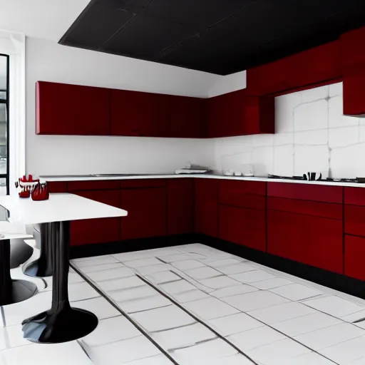 Image similar to photo of black, matte kitchen fronts surfaces and furniture, dark red walls at the back, white floor tiles on the ground, architecture, concept art