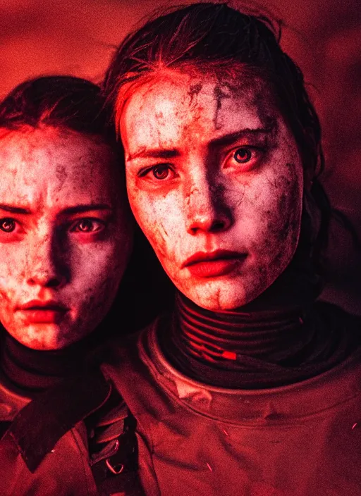 Prompt: cinestill 5 0 d photographic portrait of two loving female androids wearing rugged black techwear on a desolate plain with a red topographic pattern sky, extreme closeup, cyberpunk style, dust storm, 8 k, hd, high resolution, 3 5 mm, f / 3 2, ultra realistic faces, ex machina