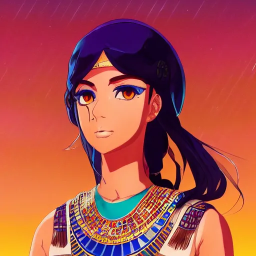 Prompt: portrait of a beautiful Egyptian girl wearing ancient Egyptian fashion, desert background, rich vivid colors, ambient lighting, dynamic lighting, 4k, official media, anime key visual, makoto shinkai, ilya kuvshinov, lois van baarle, rossdraws, detailed, trending on artstation