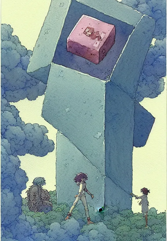 Prompt: a simple watercolor fantasy concept art of a giant sc - fi grey cube floating in the air. by studio ghibli, rebecca guay, michael kaluta, charles vess