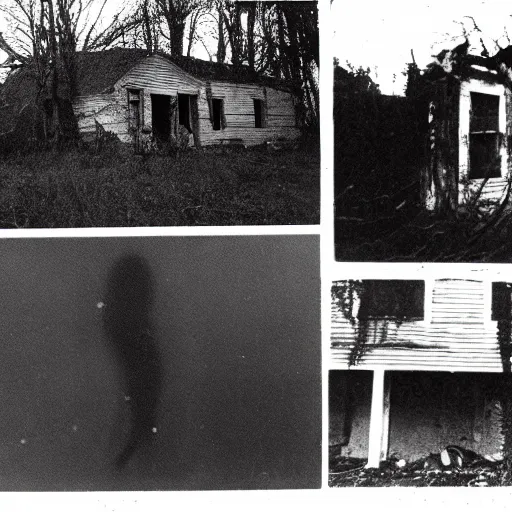 Prompt: 1 9 8 3, found footage, flash, old abandoned house, creepy mutant flesh creature, flesh blob