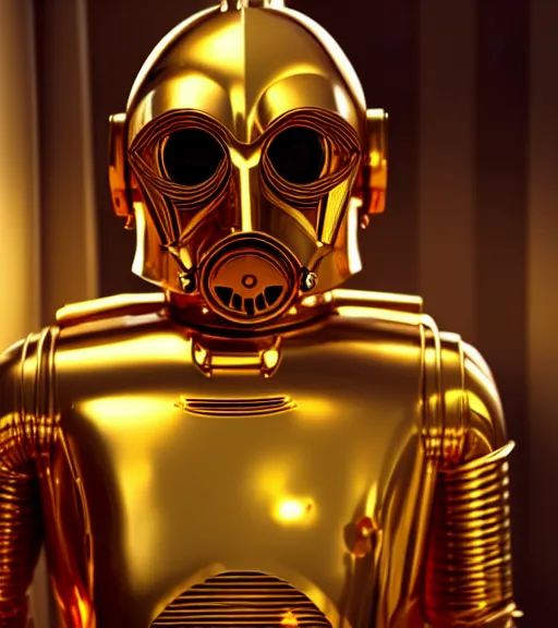 Image similar to c - 3 po as a hamster, movie still, star wars, cinematic, sharp focus, cinematic grain, cinematic lighting, 8 k