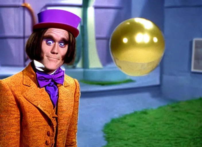 Prompt: film still of Jim Carrey as Willy Wonka in Willy Wonka and the Chocolate Factory 1971