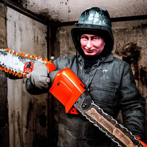 Image similar to putin with a chainsaw and a corpse. in a concrete bunker. focus on putins face with blood splatters. canon eos r 3, f / 1. 4, iso 1 6 0 0, 1 / 8 0 s, 8 k, raw, grainy