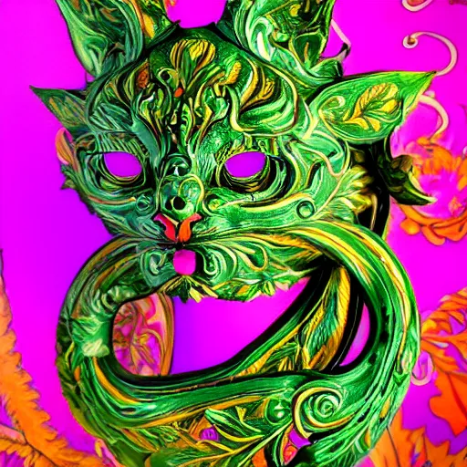 Prompt: beautiful colourful highly detailed incredibly ornate decorative cat face green man 3 d sculplture by walter crane and william morris and kilian eng, closeup, twisting leaves, tiny fine flowing lines, abstract psychedelic, 8 k, artstation