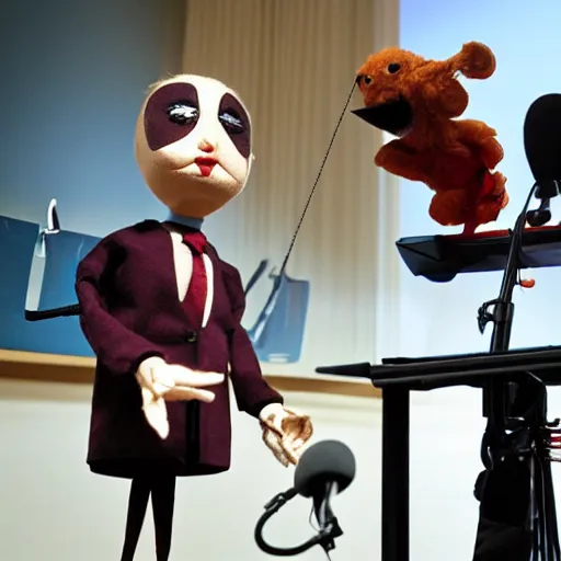 Image similar to president marionette with puppeteer in a podium giving a press conference