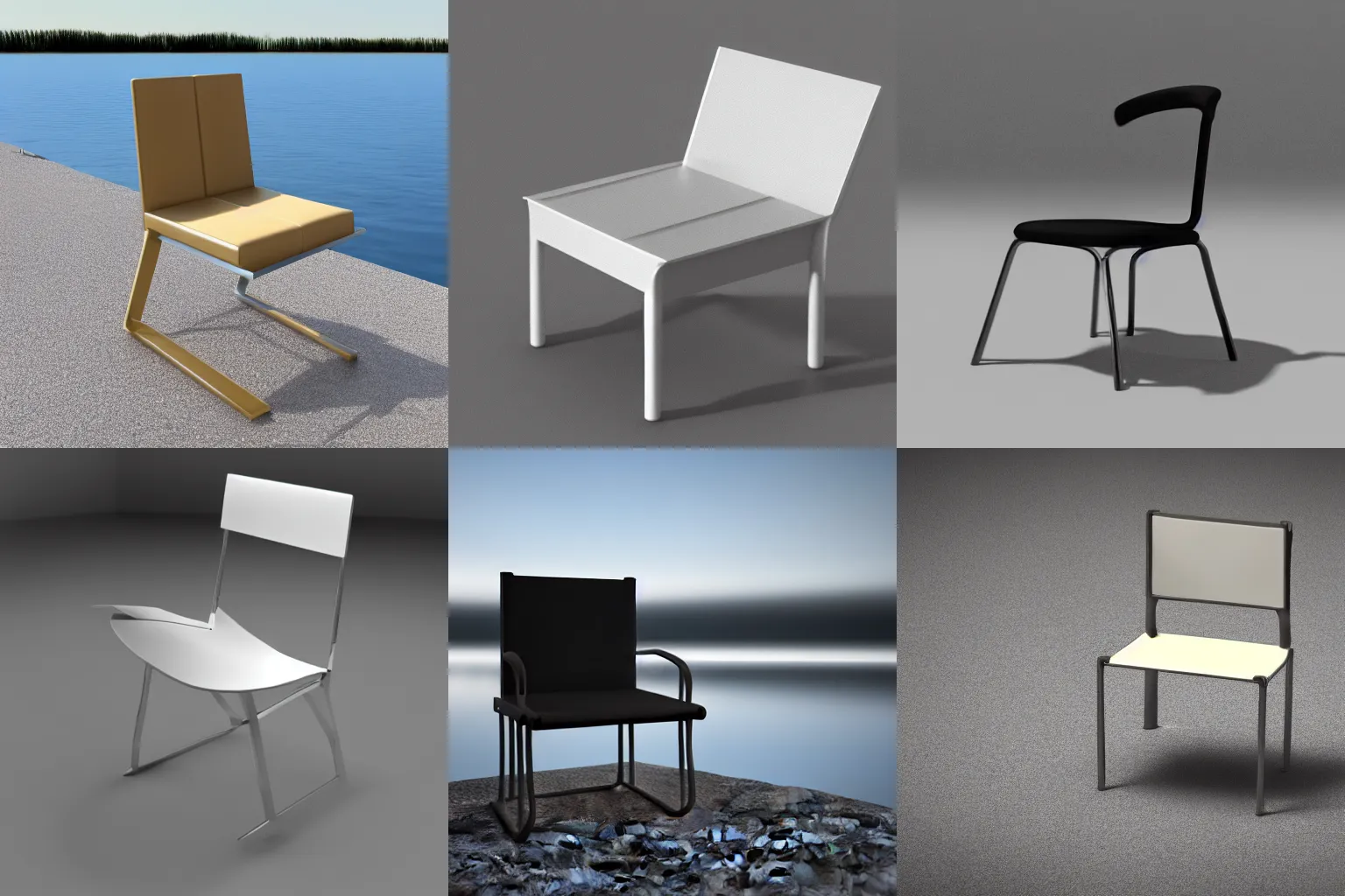 Prompt: 3d render of a minimalistic chair near a lake, 3d minimalistic art, trending on artstation, 4k, studio lighting,