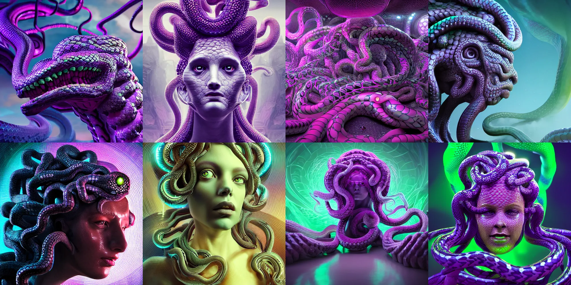 Image similar to beautiful medusa gorgon head highly detailed snakes, cosmic horror, ghostly, arcade, duotone, poltergeist, epic lighting, intricate, elegant, smooth, sharp focus, photo real, ultra realistic, unreal engine 5, raytracing, in the style of beeple and mike winkelmann, ultraviolet colors,