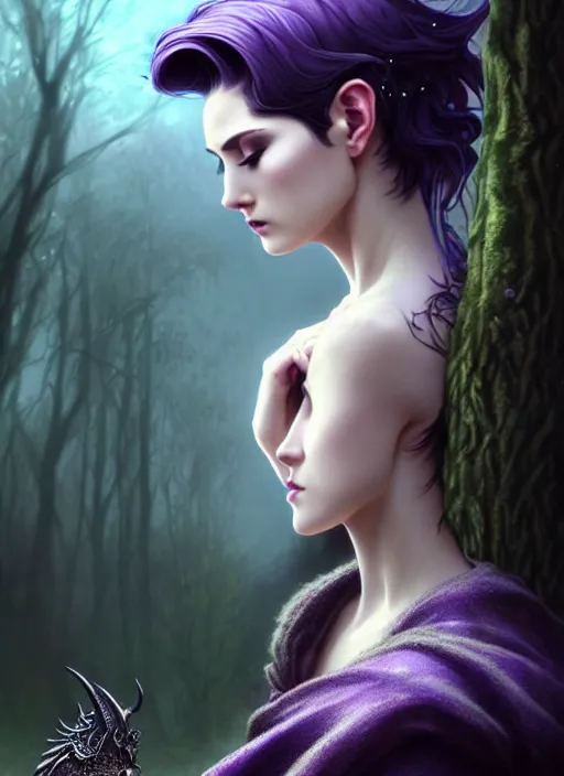 Image similar to side portrait beautiful young female model, witchy outfit large cloak, fantasy forest landscape, dragon scales, fantasy magic, undercut hairstyle, short purple black fade hair, dark light night, intricate, elegant, sharp focus, illustration, highly detailed, digital painting, concept art, matte, art by wlop and artgerm and greg rutkowski and alphonse mucha, masterpiece