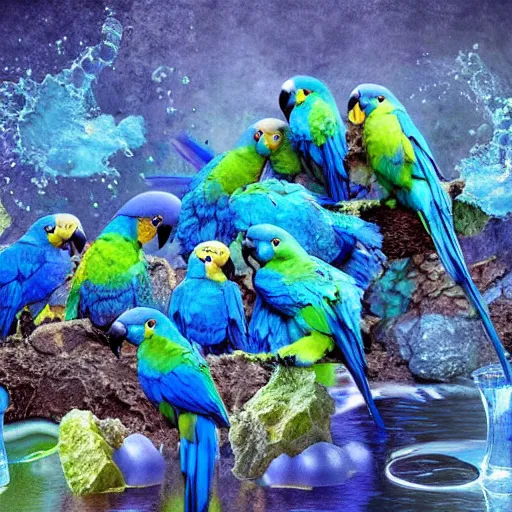 Image similar to blue parrots emerging from fluids mixing, atmospheric liquids, ornate intricate, hyper realistic, 16k, post processing, saturated blue colors, nature background