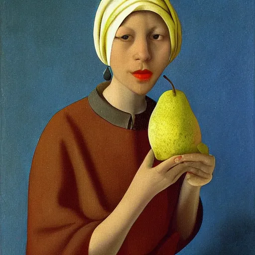 Image similar to girl with the pearl earing , earing is a fruit pear instead by johaness vermeer