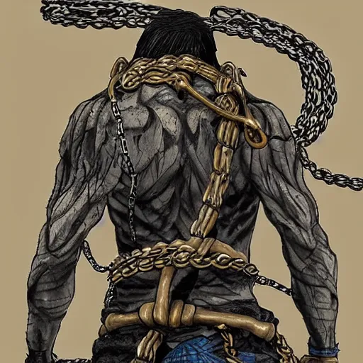 Prompt: A FULL BODY PORTRAIT FROM BEHIND OF TAKEZO VAGABOND ,THE MAN KEEPS A KUSARIGAMA AND IT IS WRAPPED IN CHAINS ,detailed, concept art, ink style , sketch