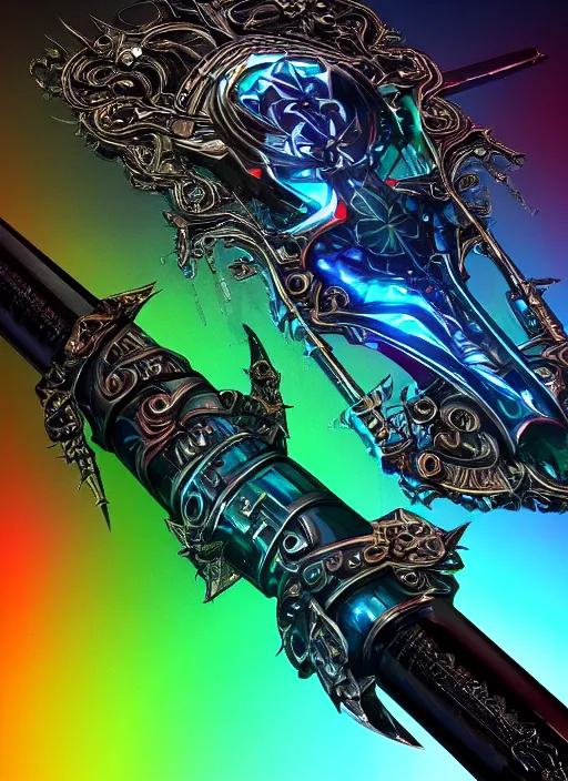 Image similar to legendary glowing sword of cybernetic technology, intricate, sharp black and iridescent blade, ornate gothic baroque spikes hilt, colorful handle, vivid detailed realistic, ray tracing, colored gems, artstation, deviantart