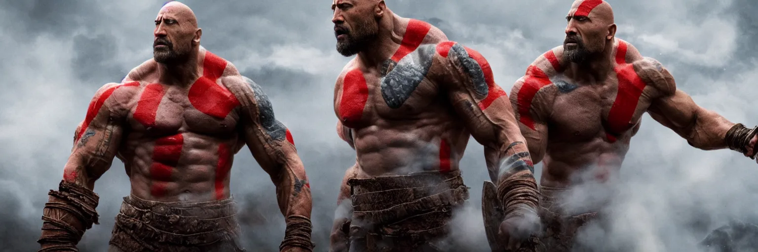 Image similar to Dwayne Johnson as God of war,red and blue smokes around him, professional photography, cinematic view