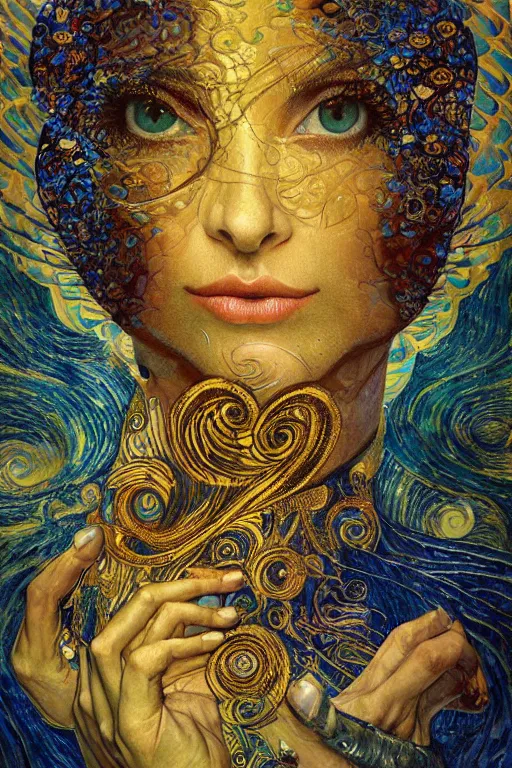 Image similar to Visions of Paradise by Karol Bak, Jean Deville, Gustav Klimt, and Vincent Van Gogh, visionary, otherworldly, fractal structures, infinite celestial wings, ornate gilded medieval icon, third eye, spirals, heavenly spiraling clouds with godrays, airy colors