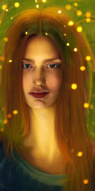 Prompt: an amazed young woman surrounded by golden firefly lights in a mesmerizing scene, sitting amidst nature fully covered, long loose red hair, precise linework, accurate green eyes, small nose with freckles, smooth oval shape face, empathic, bright smile, expressive emotions, hyper realistic ultrafine portrait by artemisia gentileschi, jessica rossier, boris vallejo