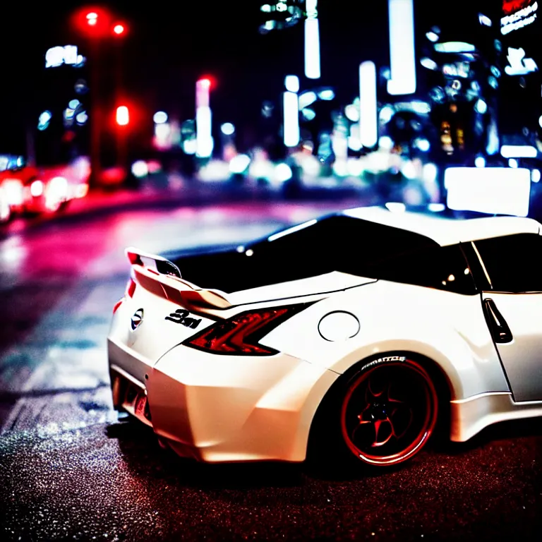 Image similar to close-up-photo Nissan Z32 turbo illegal roadside night meet, deep dish work-wheels, Shibuya Shibuya, cinematic color, photorealistic, highly detailed night photography