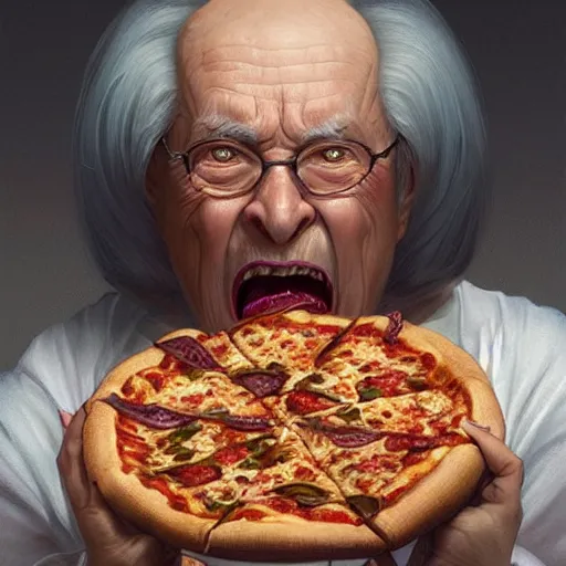 Prompt: portrait of evil grandma opening his mouth to eat pizza, highly detailed, digital painting, artstation, concept art, sharp focus, illustration, art by artgerm and greg rutkowski and alphonse mucha