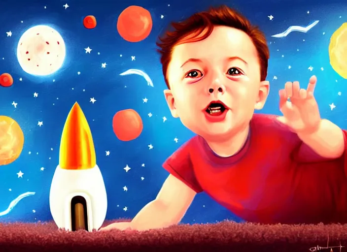 Image similar to toddler elon musk lying on a fluffy rug playing with his space rockets, digital painting, painterly, soft cinematic lighting, artstation