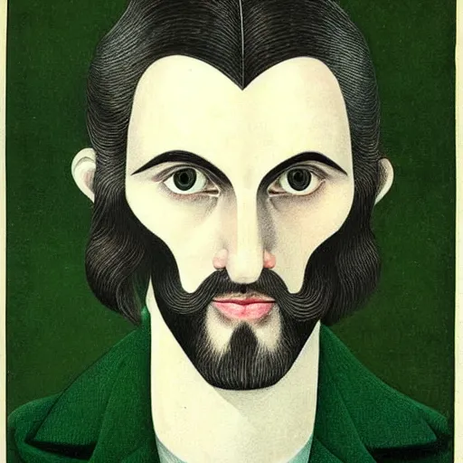 Image similar to young man, long hair!!!!, short facial hair, no mustache, dark green eyes, dark eyebrows, light widows peak light facial hair, in the style of mauritz cornelis escher, in - frame