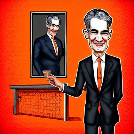 Image similar to Jerome Powell orange jail! suit, digital art, caricature!, satire!
