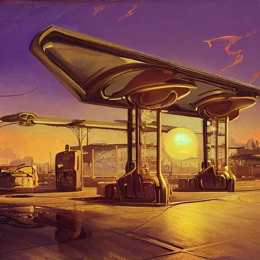 Image similar to painting of syd mead artlilery scifi gas station with ornate metal work lands on a farm, filigree ornaments, volumetric lights, purple sun, andreas achenbach