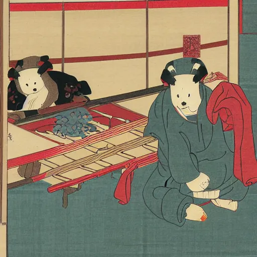 Image similar to Teddy Bear shopping, ukiyo-e