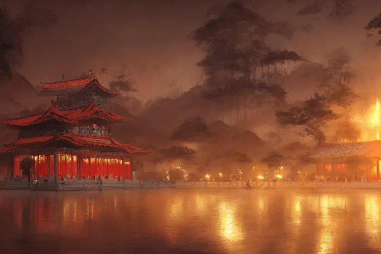 Image similar to Chinese palace, cinematic lighting, dramatic atmosphere, by Craig Mullins, 4k resolution, trending on artstation