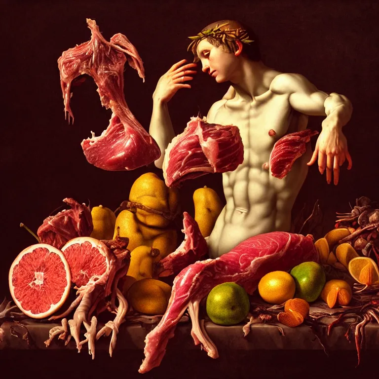 Image similar to still life of beautiful angel, human body parts, tropical fruit, human spine, rotten meat flesh with colorful mold, muscle tissue, spikes, baroque painting, beautiful detailed intricate insanely detailed octane render, 8K artistic photography, photorealistic, chiaroscuro, Raphael, Caravaggio