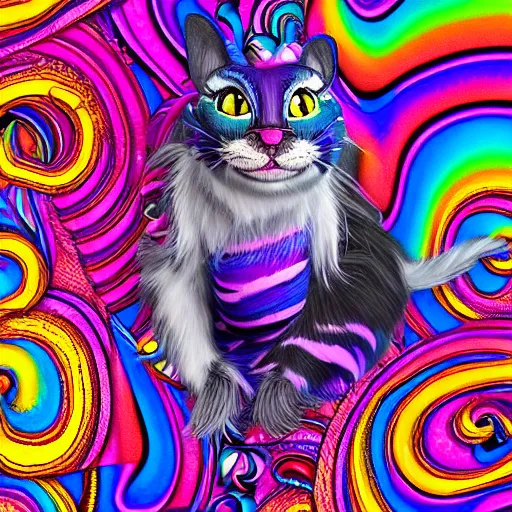 Prompt: psychedelic, photorealistic, colorfully cheshire cat in a maximalist style on a background that fades to black