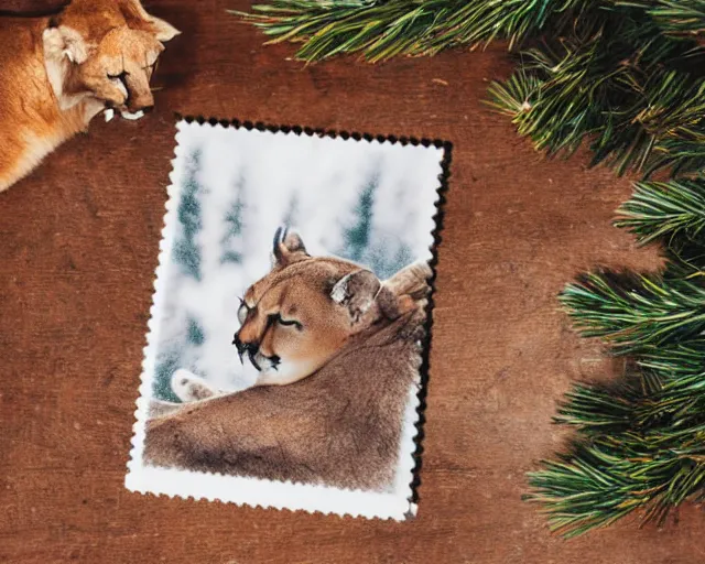 Image similar to ripped up postcard showing 'a cougar sleeping in the middle of snowy pine tree' laying on coffee table with stamp and damaged due to age, zoomed out shot, HD, iphone capture