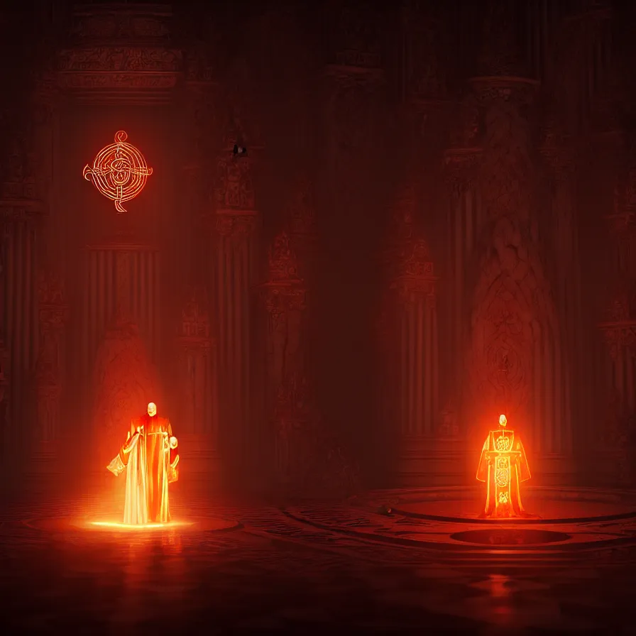 Image similar to an occult priest performs demonic ritual with magic and a glowing sigil in a fantastic temple, volumetric lighting, magical lighting, raytracing, dynamic lights and shadows, photorealistic render, digital art, wallpaper, octane, redshift, hyperdetailed, intricate details