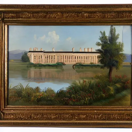Prompt: detailed oil painting of large Georgian palace next to a lake
