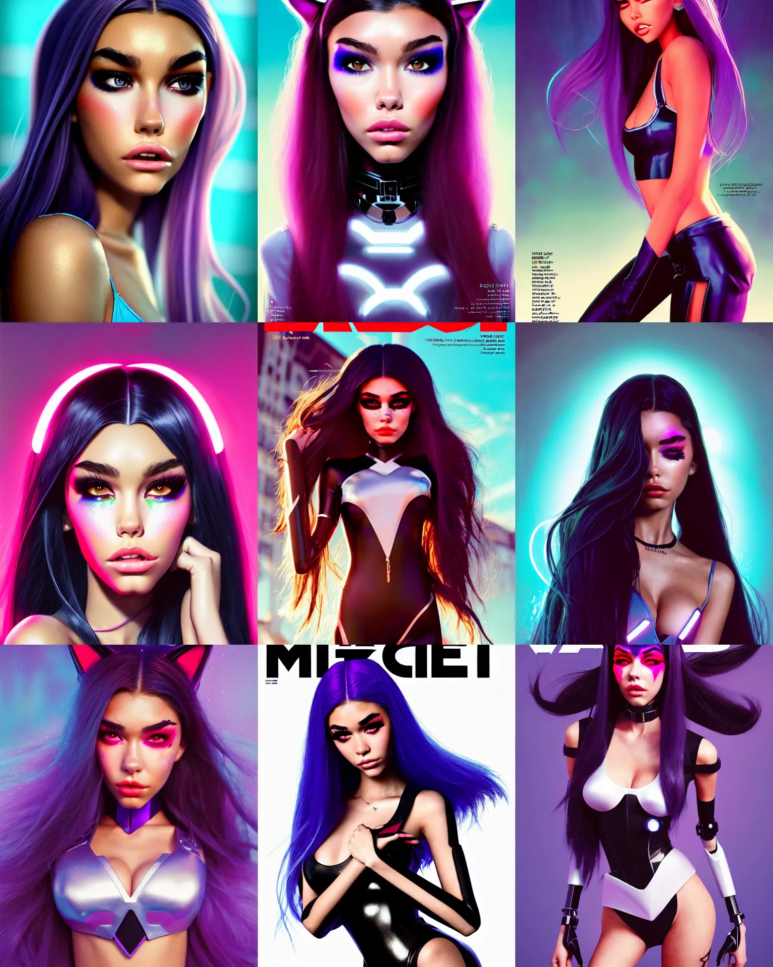Prompt: magazine cover portrait photo of madison beer : : college woman : : as catgirl cyborg by pixar : : by greg rutkowski, wlop, rossdraws, artgerm, weta, marvel, colorful rave makeup, leeloo, unreal engine, glossy skin, pearlescent, shiny, 4 k, hdr, bright morning, spring fashion, : :