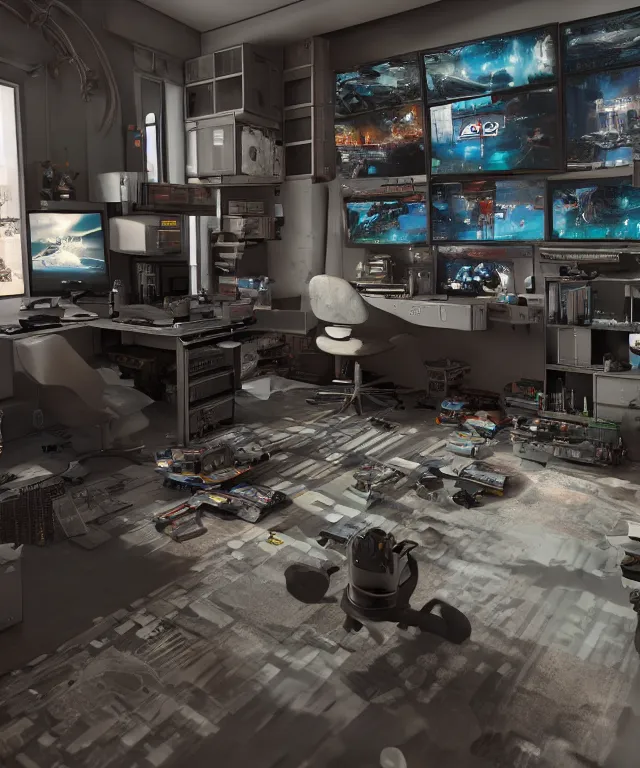 Image similar to artstation scifi scene of a complex computer workstation in a small studio apartment room, many monitors, many electronics, a window view, very detailed, maximalism, ambient occlusion, volumetric light, sun beam, atmospheric haze, unreal engine, hyper realism, realistic shading, cinematic composition, realistic render, octane render, detailed textures, photorealistic, wide shot