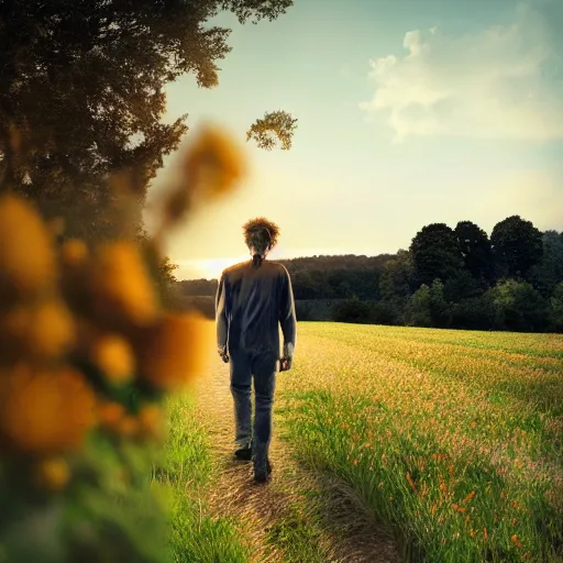 Prompt: realistic portrait of rick sanchez, face to camera walking in a field. france, dordogne, hills, ultra high, face to camera, detail, 8 k, sunset, flowers, trees, river, hills octane render.