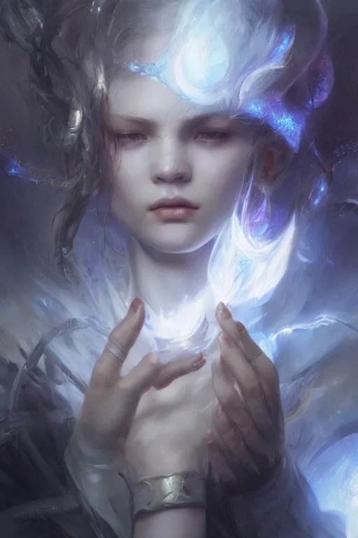 Image similar to closeup beautiful girl necromancer casting magic spell, angel, 3 d render, hyper realistic detailed portrait, magic storm, thunderstorm in eyes, ruan jia, wlop. scifi, fantasy, magic the gathering, hyper detailed, octane render, concept art, peter mohrbacher