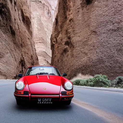 Image similar to cinematic photos of a porsche 9 1 1 9 6 4 cruising through a canyon