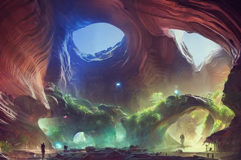 Prompt: futuristic cyberpunk city with lush garden located on rgb Antelope canyon, rocks formed by water erosion, beautiful smooth sandstone in unique shapes with light beams that shine through its walls, polish narrow slots of walls into a striated swirling finish, digital painting, concept art, smooth, sharp focus, from Star Trek 2021, illustration, by WLOP and Ruan Jia and Mandy Jurgens and William-Adolphe Bouguereau, Artgerm