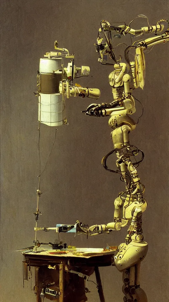 Image similar to robot artist painting a canvas, the painting is of a robot. intricate, highly detailed, photorealistic, film still, by carl spitzweg.