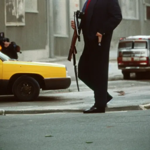Prompt: photo of donald trump in the ghetto with gun cinestill, 8 0 0 t, 3 5 mm, full - hd