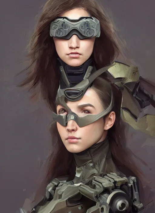 Image similar to a professional painting of a beautiful young female, clothed in stealth armor, compact nightvision goggles, olive skin, long dark hair, beautiful bone structure, symmetrical facial features, intricate, elegant, digital painting, concept art, smooth, sharp focus, illustration, from Metal Gear, by Ruan Jia and Mandy Jurgens and Artgerm and William-Adolphe Bouguerea