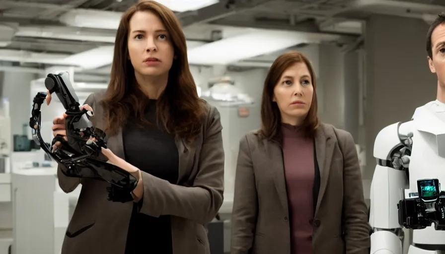 Image similar to big budget action movie about female scientist confronts male ceo about robot photographs