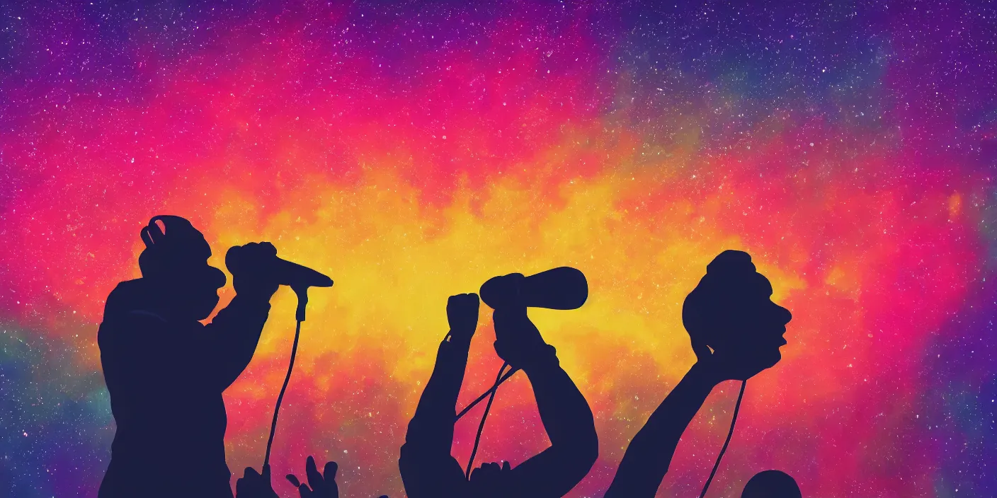 Image similar to rapping into microphone, silhouette, huge crowd, outrun, hip hop, digital art, Aurora borealis, trending on Artstation, professional artist, detailed, 4k