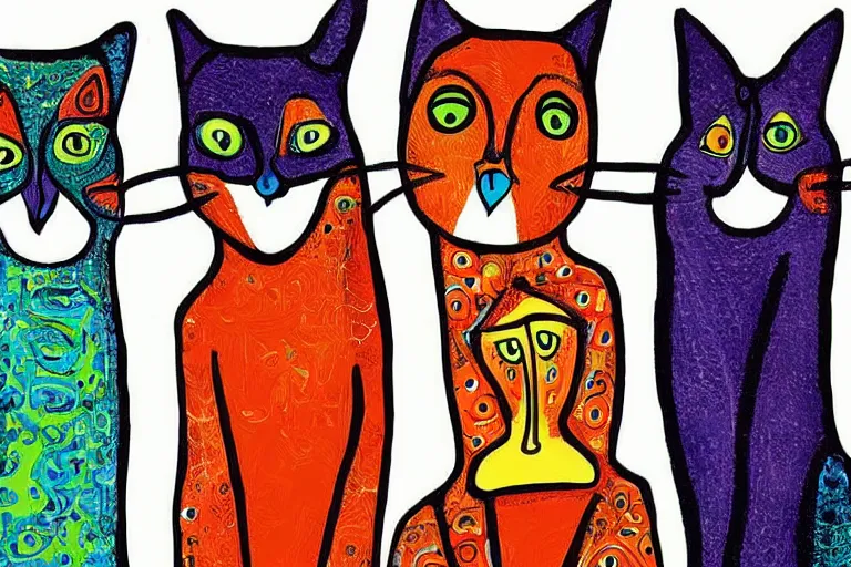 Image similar to beautiful art illustration of a group of cat by laurel burch