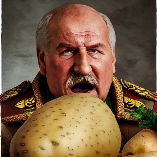 Prompt: mildly epic portrait of lukashenko as the god of potatoes, creator of despair