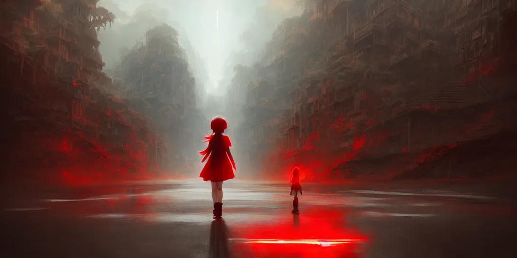 Prompt: a lost city with a loli in red standing in the middle of the road, 4 k resolution, ultra detailed, matte oil painting, mysterious, artstation, art by greg rutkowski