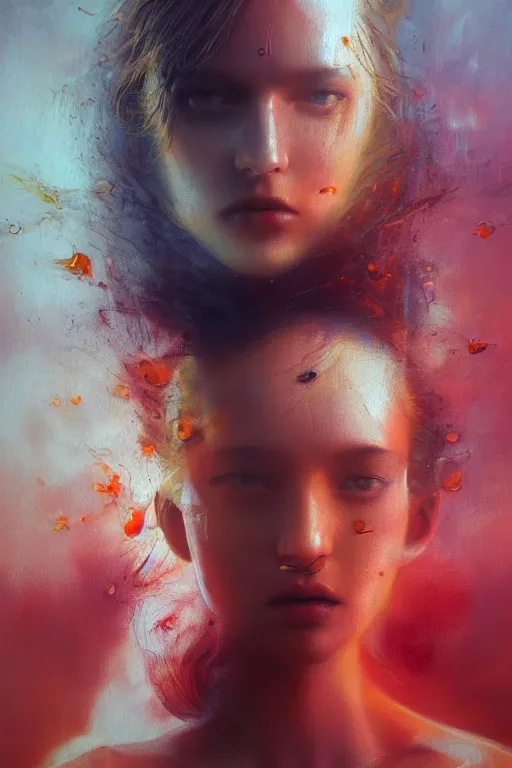 Prompt: 3 d, sci - fi, morning, fashion model face, sun, cinematic, face 3 / 4, lightning, clouds, vogue cover style, stanley kubrick, light red and orange mood, realistic painting, intricate oil painting, high detail, figurative art, multiple exposure, poster art, 3 d, by tooth wu and wlop and beeple and greg rutkowski