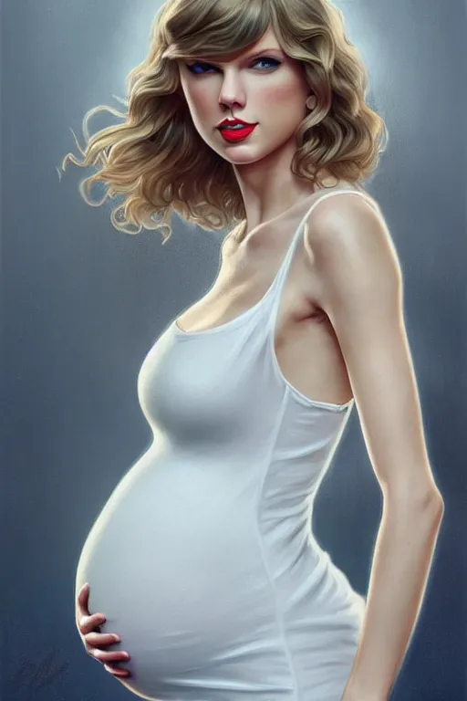 Image similar to pregnant taylor swift in a white dress, realistic portrait, symmetrical, highly detailed, digital painting, artstation, concept art, smooth, sharp focus, illustration, cinematic lighting, art by artgerm and greg rutkowski and alphonse mucha